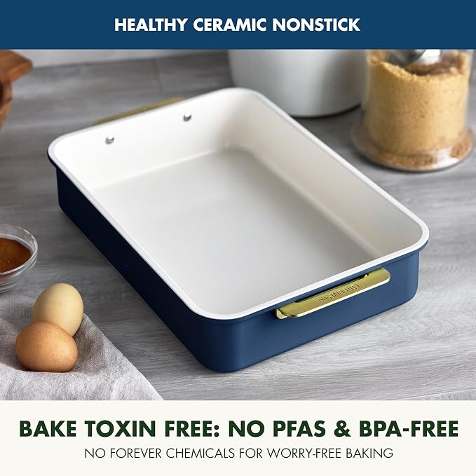 GreenPan Bakeware 13” x 9” Rectangular Cake Pan, Ceramic Nonstick Baking Pan, PFAS & BPA Free, Gold Handles, Durable Steel, Freezer to Oven Dish, Scratch Resistant, Bake & Roast Ovenware, Oxford Blue