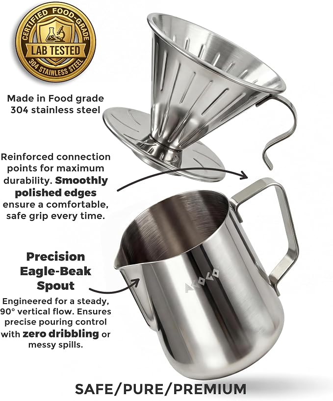 AGOGO Stainless Pour Over Coffee Maker Set, 50 Paper Filters, 30oz, Sliver | Unbreakable carafe for kitchen RV camp and office, includes barista towel, lead-free food grade 304 stainless steel