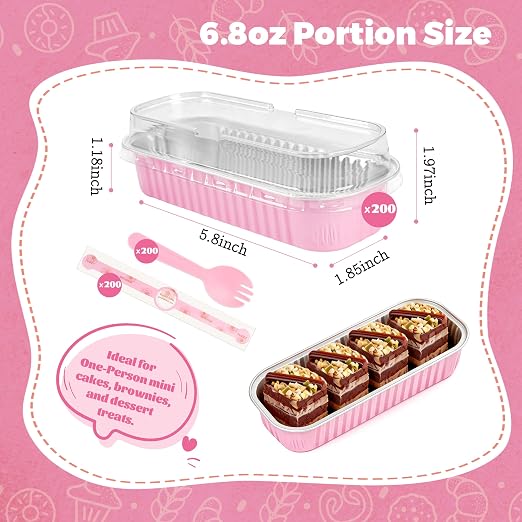 NPLUX Mini Cake Pans with Lids, 200 Pack Pink 6.8oz for Birthday Treats | Good for custard, snack cups, fruit toppings and baked samples; paired extras make serving details easier to finish.