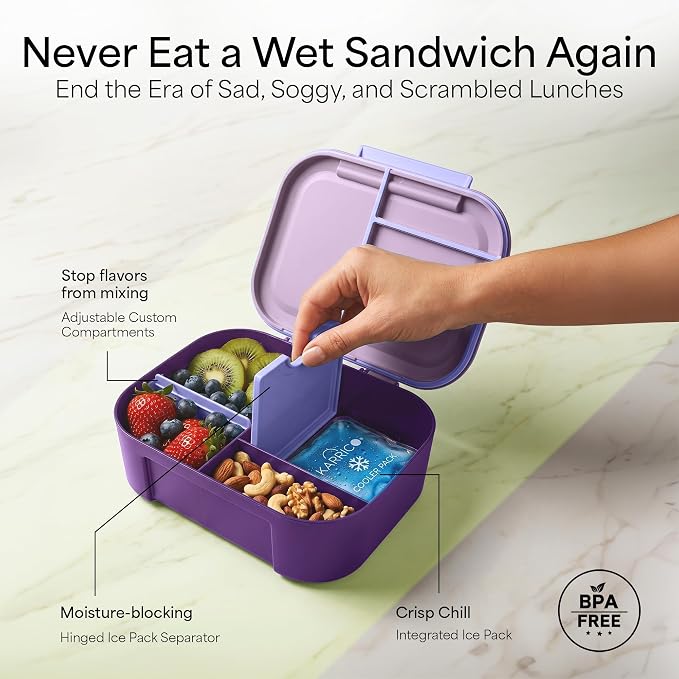 Leakproof Bento Lunch Box, 3-Compartment, Extra Large, Lilac & Blue | 3-Compartment Design, Leakproof, Extra Large Capacity, Adjustable Divider, Includes Cooler Pack, Dishwasher Safe, Reusable
