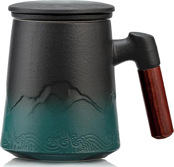suyika Tea Cup with Infuser and Lid, Gradient Black & Blue, 15.2oz /450ml | Ceramic Mug, Wood Handle, For Loose Leaf Tea
