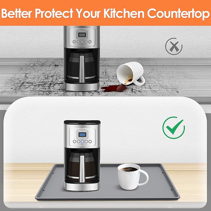 Silicone Coffee Maker Mat with Lip for Countertops, 19.7'' x 15'', Grey | Multi leak-proof coffee tray for countertop, non-slip silicone tray for under coffee machine espresso accessory, wipe-clean