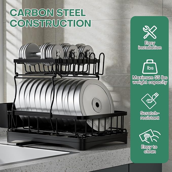 2 Tier Dish Rack, Carbon Steel Dish Drying Rack for Kitchen Organization & Storage, Countertop / Sink Dish Rack with Automatic Drain Tray, Large Capacity Black Dish Rack - Essential Home Kitchen Item