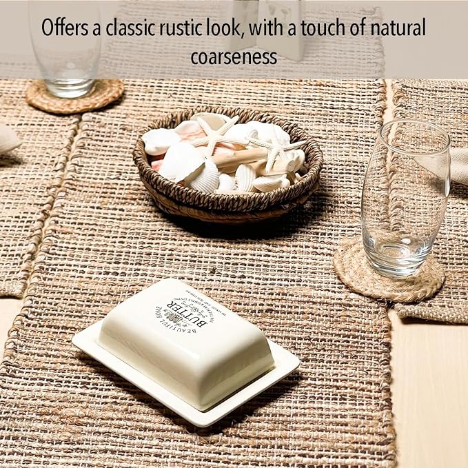 Natural Jute Table Runner 13x72 Inch – Vintage Boho Rustic Table Decor – Handwoven Table Runner in Natural Jute and Brown – Farmhouse Dining or Console Table Accent