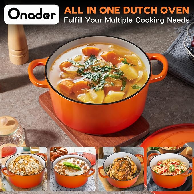 Onader 3QT Cast Iron Dutch Oven Pot with Lid, Round Dutch Oven for Sourdough Bread Baking, Small Enameled Heavy Duty Cookware - Orange