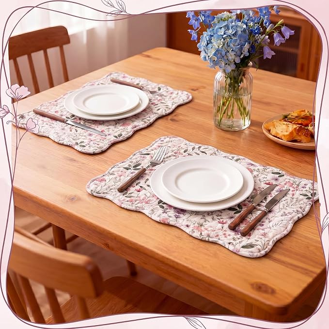 Quilted Placemats Set of 6, 18" x 13" Large Scalloped Cotton Placemat Washable Cloth Flowers Table Mats for Summer Party Kitchen Dining Farmhouse Cottagecore Decor(Flowers)