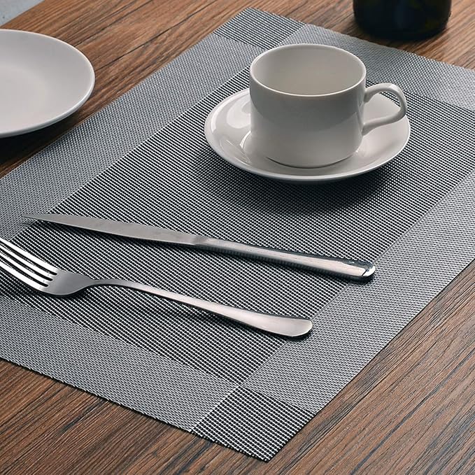 Table Placemats Dining Table Place Mats Set of 6 Heat Resistant Insulation Non-Slip Vinyl for Kitchen Dining Room 18" * 12" Silver