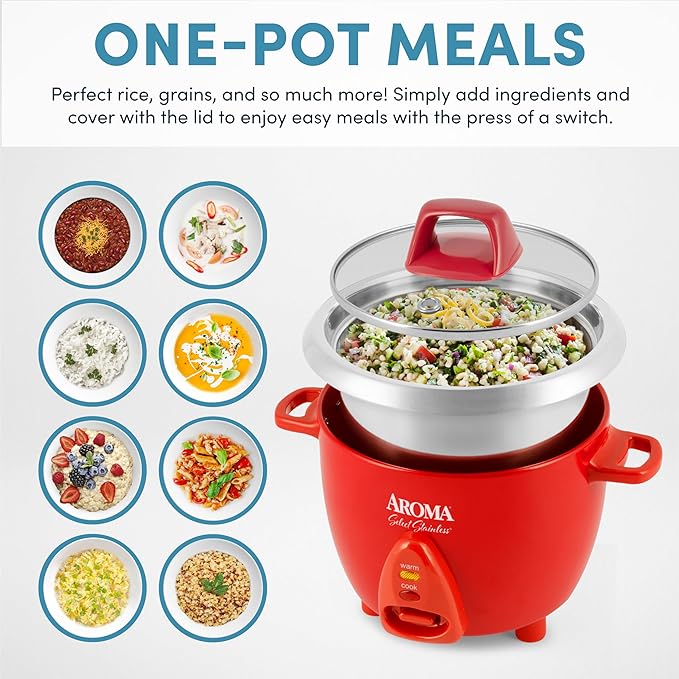Aroma Housewares Select Stainless Rice Cooker & Warmer with Uncoated Inner Pot, 6-Cup(cooked)/ 1.2Qt, ARC-753SGR, Red