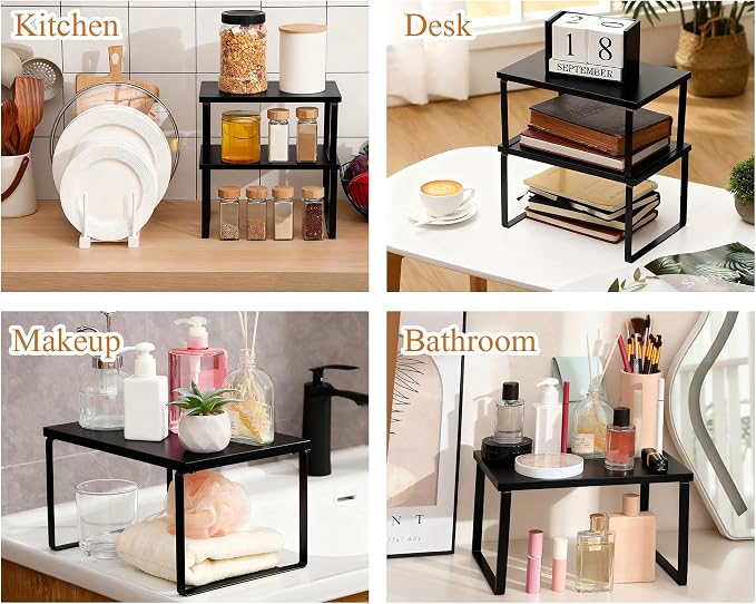 Marsui 4 Pcs Kitchen Organizer Accessories Set for Cabinet,Black | Cabinet Organizer Shelves, Bamboo Dish Drying Plate Rack, Wooden Counter Storage Holder, for Spice Dish Pot Lid Bowl Cup