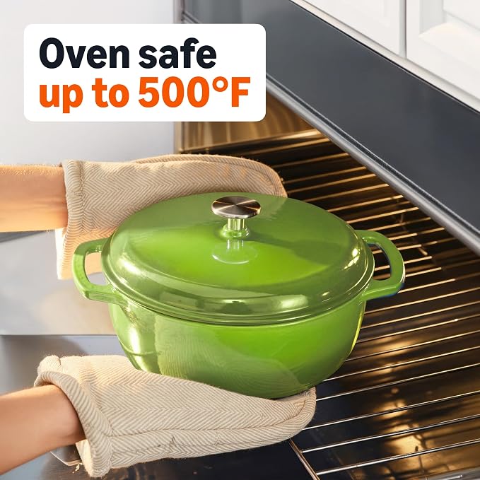 Amazon Basics Enameled Cast Iron Dutch Oven Pot with Lid, Round, Dual Handles, Heavy-Duty, Oven Safe for Stews, Roasting, Baking, 4.3-Quart, Small, Green
