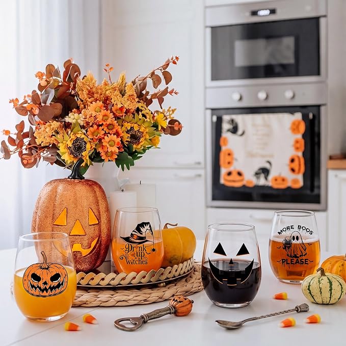 Qinyoung 7 Pcs Halloween Wine Glasses Pumpkin Witch Ghost | with Gift Box, Stemless, Funny Quotes on Glasses, Spider Bat Prints, Home Bar, Entertaining