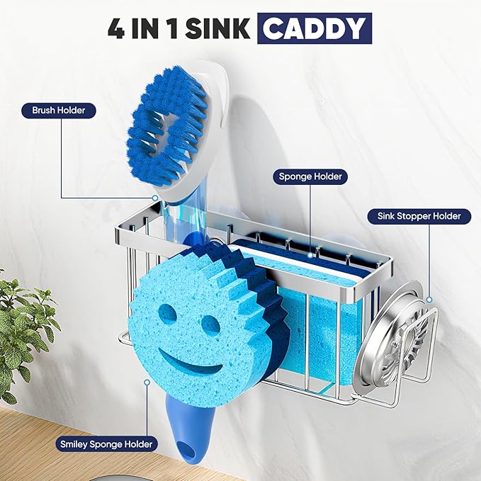 MURLONG Sponge Holder for Kitchen Sink,Sink Caddy Smiley Face,4-in-1 Sponge Holder with Suction Cups & 1 PCS Adhesive Strips for Holding Soap,Brush,Scrubber,Sponge,Stopper-Silver