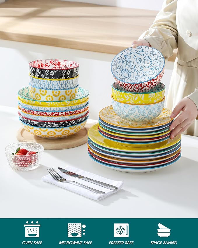 vancasso SELENE Plates and Bowls Set for 6, 24 Pieces Dinnerware Sets, Mircowave and Dishwasher Safe Dishes Set, Porcelain Pastel Dinnerware