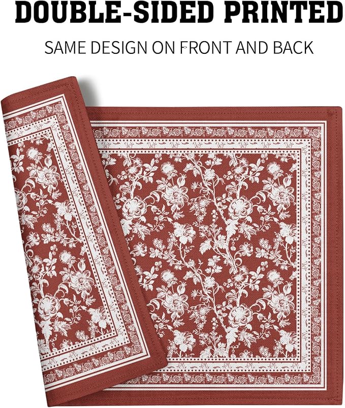 Red Placemats Set of 4，Vintage Chinoiserie Flower Branches Place Mats Heat Resistant Dining Table Mats 12 x 18 Inch Non-Slip Washable Desk Mats for Party Kitchen Dining Decoration