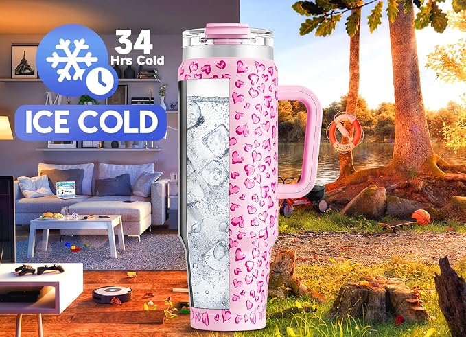 Meoky 40 oz Tumbler with Handle and Straw, Insulated Tumbler with Lid and Straw, Stainless Steel Travel Mug, Keeps Cold for 34 Hours, 100% Leak Proof, Fits in Car Cup Holder (Love)