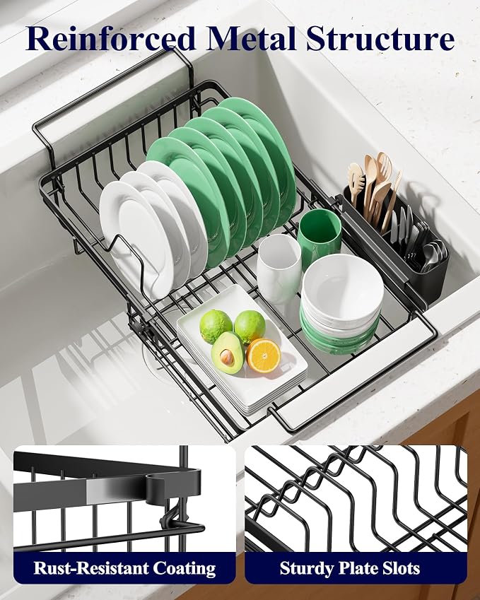 Kitsure Expandable in-Sink or Over-Sink Dish Drying Rack, Large, Black | Rust-Resistant Dish Rack for Kitchen Counter, Dish Drainer with Cutlery Holder, 10.82"-17.12" L x 11.02" W x 3.93" H
