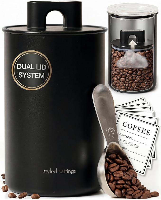 STYLED SETTINGS Coffee Storage Container, Airtight Coffee Bean Storage | Stainless Steel, BPA Free, Food Grade, Airtight, Vacuum Effect, Stackable