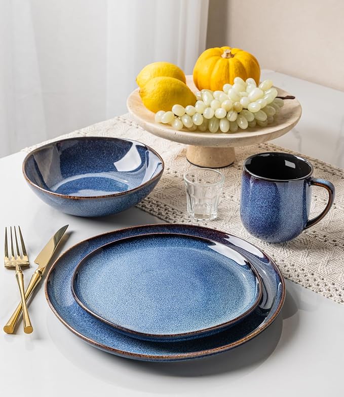 GBHOME Stoneware Dinnerware Sets for 8,24 Piece Rustic Plates and Bowls Set | Earthenware Handmade Reactive Glaze Plate Sets, Chip Resistant Ceramic Dishes, Microwave & Dishwasher Safe, Sea Blue
