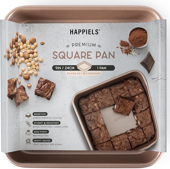9 x 9 inch Square Baking Pan Nonstick, PFOA & BPA Free | | Non-Toxic - High Carbon Steel - Gold - Cake & Brownie Mold