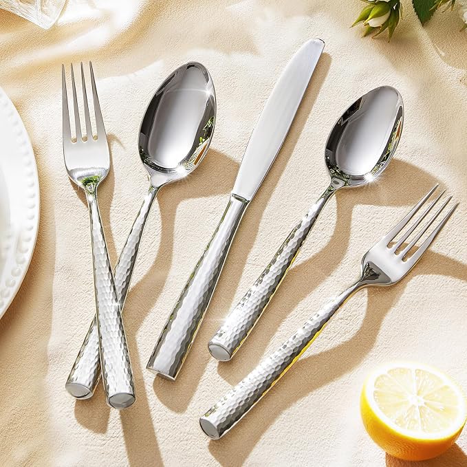 Hammered Flatware Set, 60-Piece 18/10 Stainless Steel Silverware | Heavy Duty Construction, Mirror Polished Finish, Dishwasher Safe, Elegant Utensil Set for Home, Restaurant & Occasions