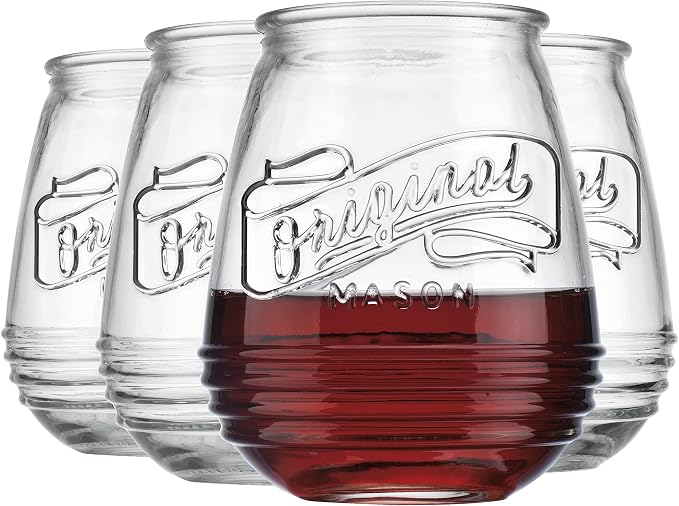 Glaver's Stemless Wine Glasses 21 Oz. Set Of 4 Original Mason Vintage Goblet Beverage Glasses Uses For Your Cocktail Lounge, Whiskey Parties, and Everyday Dinner Table. Dishwasher Safe. (Large)