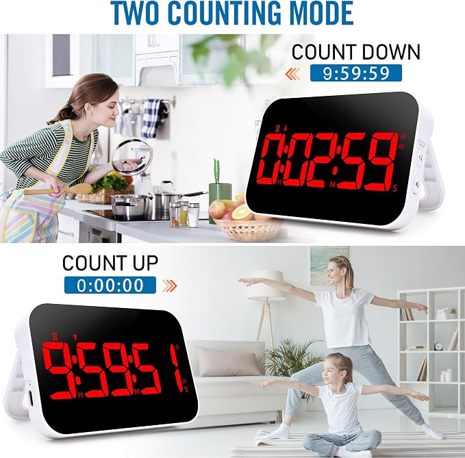 Kitchen Digital RED Timer, Count Down Up, Rechargeable, Vibration Mode Adjustable Volume and Brightness LED Display, Time Management Cook, Desk