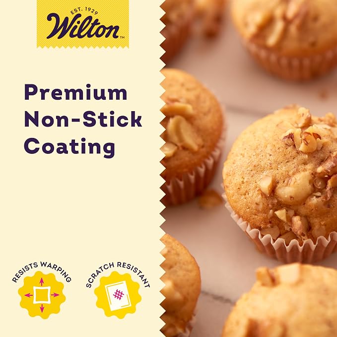 Wilton Gold Non-Stick Muffin Pan, Made Without PFAS, 24-Cup | Non-Stick Steel with Scratch-Resistant Coating, Resists Warping, Extended Handles, Dishwasher Safe, Perfect for Cupcakes