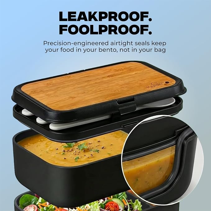67oz Bento Box Adult, Leak-Proof, Stackable, Meal Prep, Black | 67 oz Capacity, Stackable Containers, Leak-Proof Design, Includes Dividers, Great for Meal Prep, Office Lunchbox
