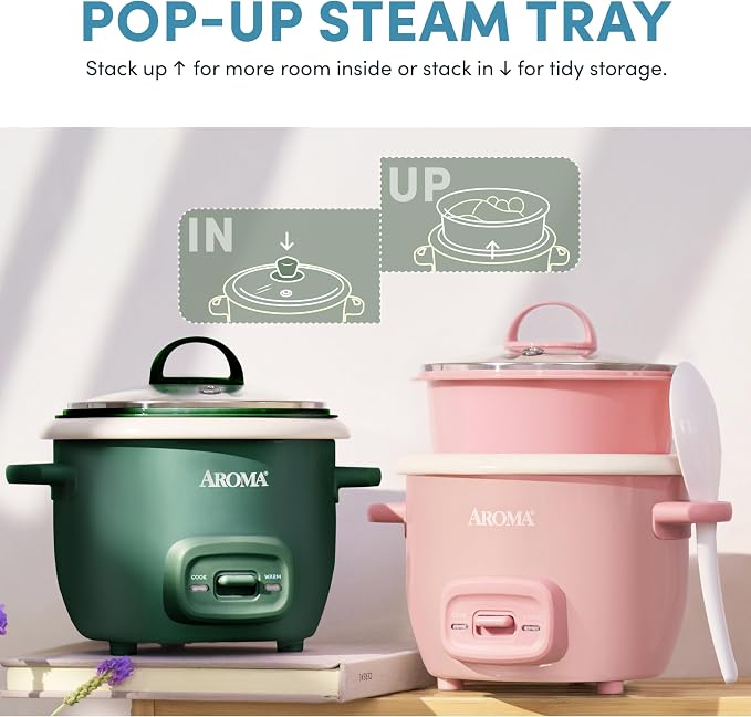 AROMA CoreCoat™ Mini Rice Cooker (3 Cups Cooked) with Nonstick Ceramic Pot Coating, Glass Lid, and Pop-Up Steamer Tray, 0.8 Quart