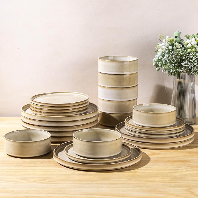 AmorArc Ceramic Dinnerware Sets for 8,24 Piece Plates and Bowls Sets Dishes | Stoneware Handmade Reactive Glaze Dishes Set | Highly Chip and Crack Resistant | Dishwasher & Microwave Safe