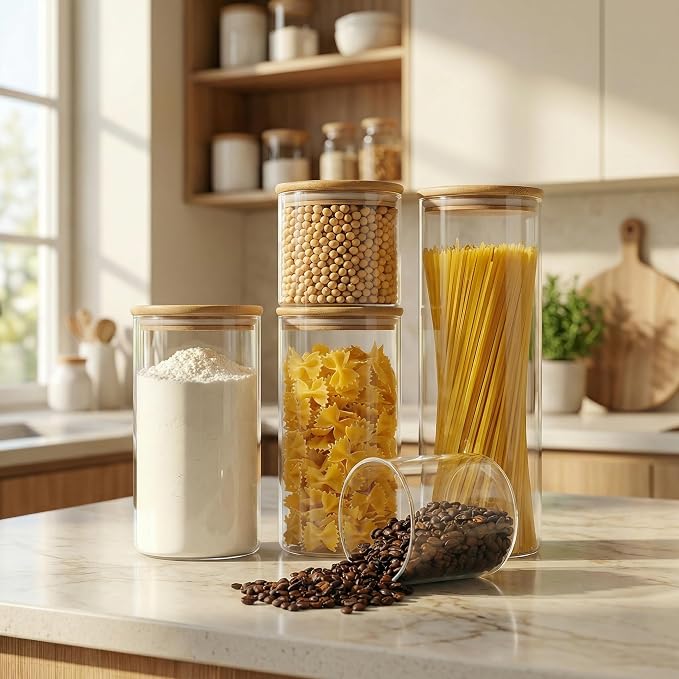 79oz Tall Glass Pasta Storage Containers with Airtight Bamboo Lids, 3 Pack | Pantry Jars for Pasta, Rice, Sugar & Flour, Durable Borosilicate Glass Canisters Keep Food Dry & Fresh, Easy to Fill & Clean