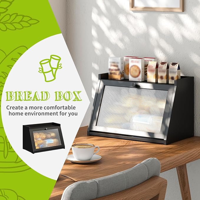 BMOSU Bread Box for Kitchen Countertop Large Capacity Corner Bread Box Farmhouse Bread Container Bread Storage Bread Holder (Black, Large)