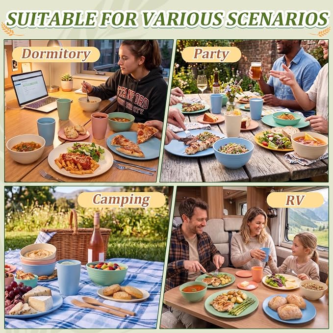 PYRMONT 40 Piece Unbreakable Plate and Bowl Set Wheat Straw Dishes Set for 8-Reusable Plates,Microwave Safe Bowls for Dorm Room,RV Essentials,Dishwasher Safe Kitchen Cups Set-Multilight