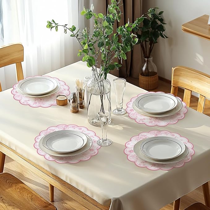 60 Pcs Pink Floral Paper Placemat, 13.5 Inch Disposable Scalloped Table Mat | Wedding Placemats, Vintage Floral Banquet Place Mats for Table Setting Wedding Bridal Tea Party Wildflower Party Decor