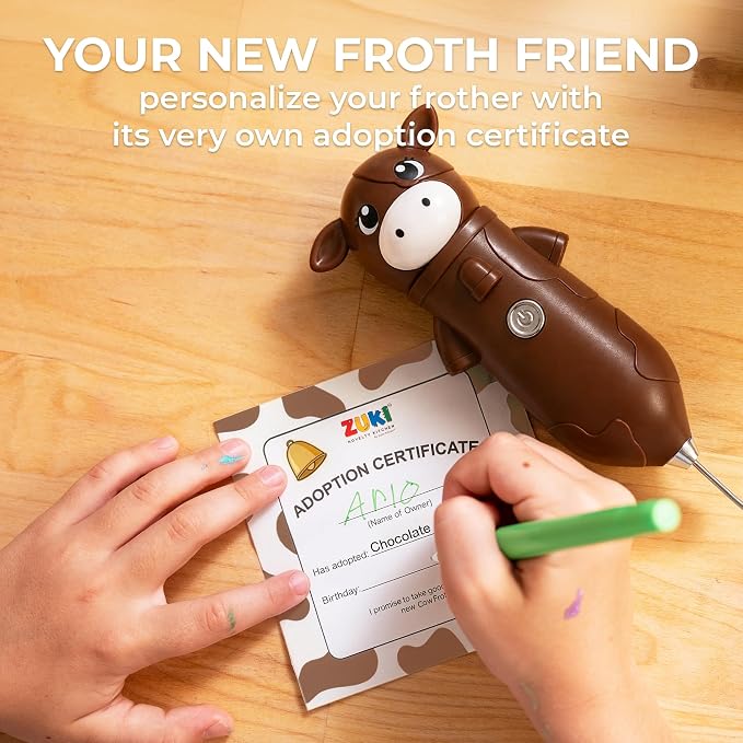 Zulay Kitchen Cow Milk Frother Wand – Cutesy Frother, Meet Your New Frothing Buddy Chocolate The Cow, Adoption Papers and Stickers Included, Purrr-fect for Lattes, Cappuccino & Matcha – Brown