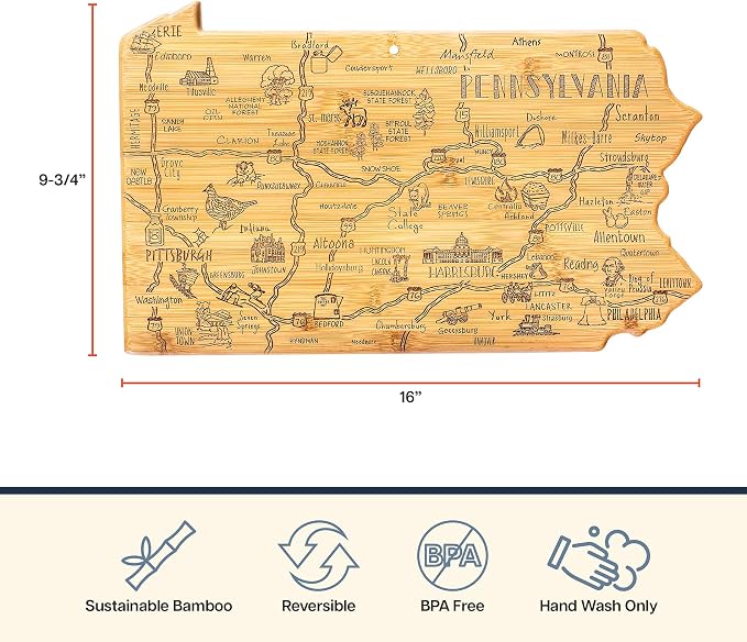 Totally Bamboo Destination Pennsylvania State Shaped Cutting Board | State charcuterie serving board with engraved map artwork. Smooth reverse side for food prep. Hang tie for wall display.
