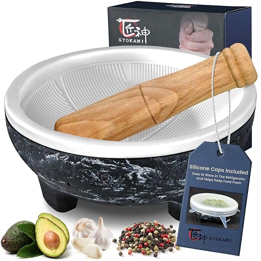 No Rock Powder 2 Cup Mortar and Pestle Set with Silicone Covers, 6.5 Inch World's 1st Lightweight Molcajete Mexicano with Grinding Ridge, High Efficiency for Guacamole, Spice and Herb, Gift