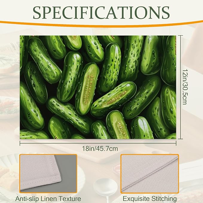Table Placemats Set of 6,Green Cucumber Cloth Placemats,Vegetable Food Theme Heat-Resistant Table Mats for Kitchen Dining Room Decoration,Non-Slip Fabric Place Mats 11.8x17.7 Inch
