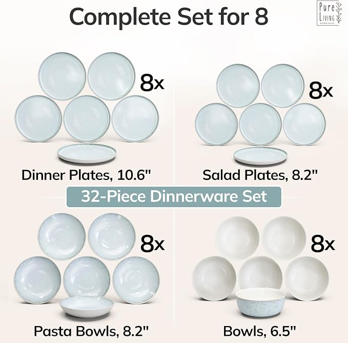 32 Piece Stoneware Dinnerware Set for 8 - Handmade Reactive Glaze Plates and Bowls Set - Chip & Scratch Resistant Dish Set - Dishwasher Microwave Safe - Light Beige & Blue