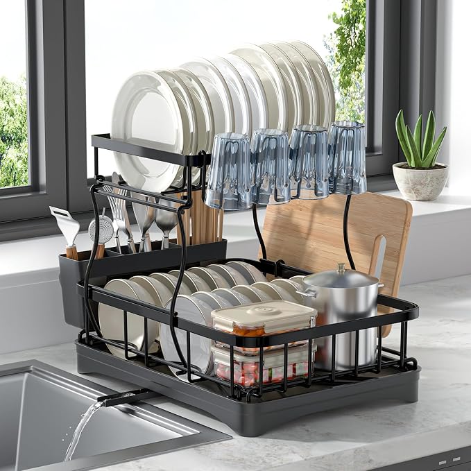 2 Tier Dish Rack, Carbon Steel Dish Drying Rack for Kitchen Organization & Storage, Countertop / Sink Dish Rack with Automatic Drain Tray, Large Capacity Black Dish Rack - Essential Home Kitchen Item