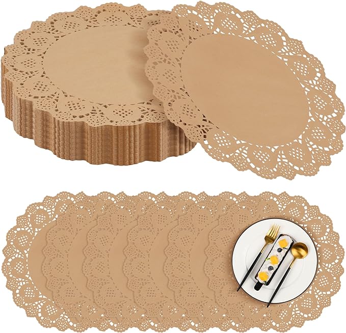 MCEAST 300 Pack Round Brown Kraft Paper Doilies 13.5 Inches Lace Paper Place Mats Rustic Scallop Doily Disposable Table Pads for Food Cakes Crafts Party Weddings Tableware Decor