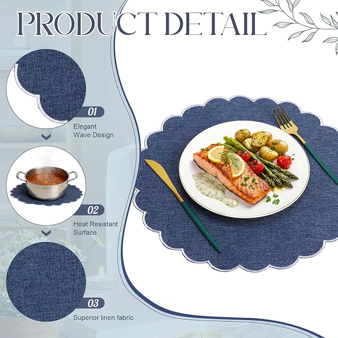 Set of 12 Navy Blue Cotton Placemats 15" Round Scalloped White | Double Layered Cotton Fabric, Washable Embroidery, White Edge Edge, Rustic Table Mats for Wedding Dining Table Decor