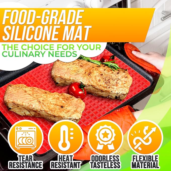 Red Silicone Baking Mat - 16x11.42" Non Stick Baking Mat With Fat Filtering Red Pyramid Design, Suitable for Oven & Microwave - Flexible & Easy-to-Clean Silicone Cooking Mats for Roasting, BBQ, Bacon | Easy-to-Clean Silicone Pyramid Baking Mat; Suitabl...