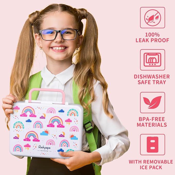 rockpapa Chill Bento Box for Kids- Large 5.5 Cups Lunch Box with Ice Pack - 5 Compartments, BPA-Free, Leak Proof, with Utensils & Portable Handle, Microwave/Dishwasher Safe (White Rainbow)