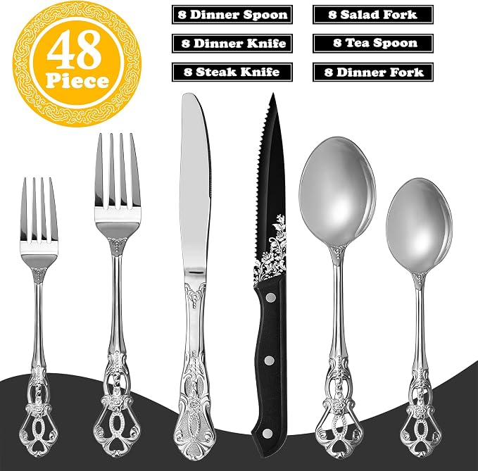 Runfly Gorgeous Retro Royal Silver Stainless Steel 48-Piece Flatware Set | Silverware Set for 8, Anti-rust Cutlery Set Utensils Kitchen Including Fork Spoon and Knife