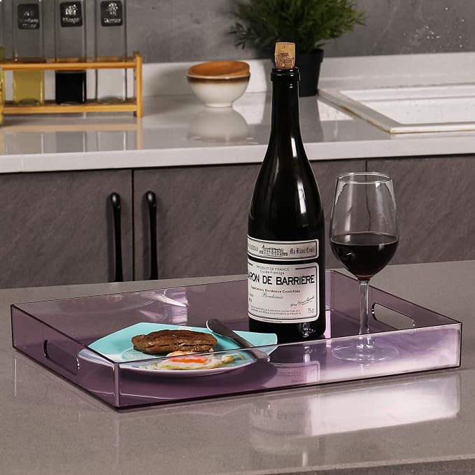 Sooyee Violet Clear Acrylic Serving Tray with Handles, 16" x 12" | Decorative, For Breakfast, Tea, Food, Butler, Coffee, Table Ottoman Vanity Countertop