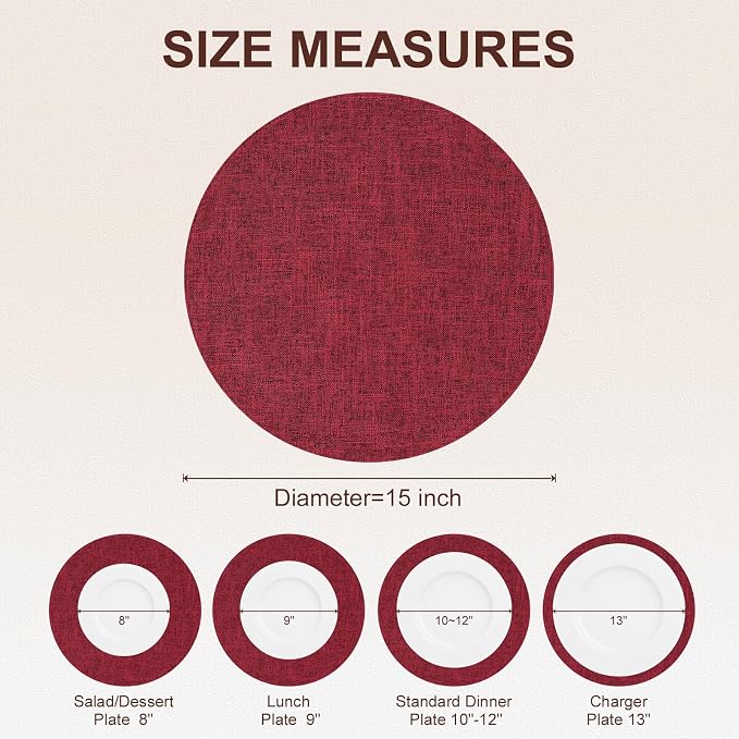Cotton Linen 15 Inch Round Cloth Place mats, Set of 6, Red | Washable Table Mats, Heat Resistant, Reversible, Wipeable Place Mats for Indoor Outdoor