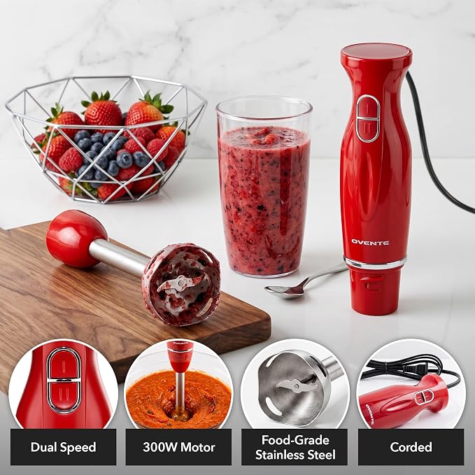 OVENTE Electric Corded Hand Blender, 300W with 2 Mixing Speeds Red HS560R | Handheld Immersion Stick Mixer with Stainless Steel Blades for Smoothies, Purees & Baby Food