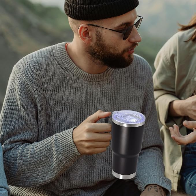 20 oz Tumbler with Handle Coffee Tumblers with Lid Travel Mug Black 6P | 20oz Tumblers with Handle Double-Wall Insulated Vacuum Coffee Mugs Stainless Steel Tumbler with Handles&Lid Black 6P