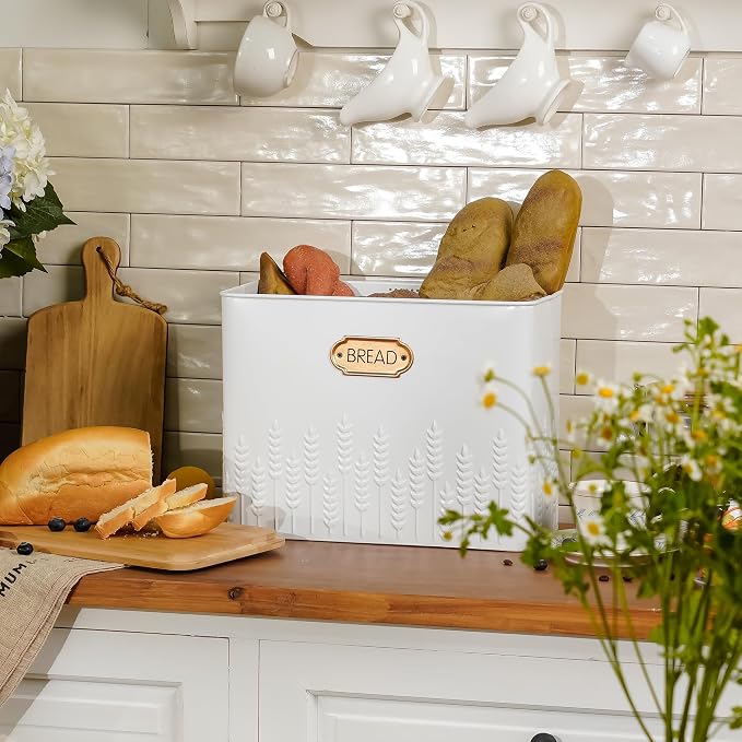 Extra Large Ear of Wheat Embossed Bread Box with Bamboo Lid | Corner Breadbox for Homemade Bread, White Metal Bread Storage Container Bin for Kitchen Countertop, Fits 2 Loaves of Bread